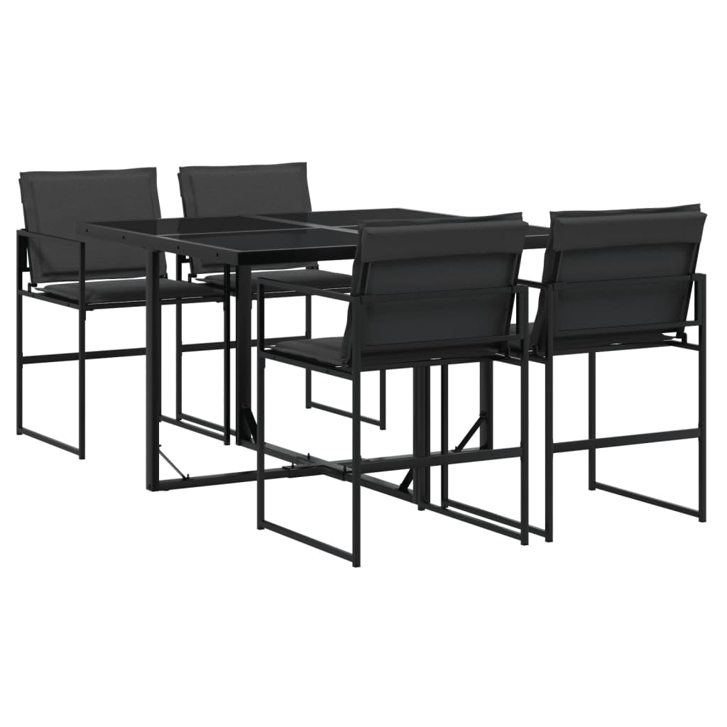 vidaXL 5 Piece Patio Dining Set with Cushions - Black Textilene Chairs and Tempered Glass Table, UV-Resistant, Compact Storage - Outdoor/Garden/Backyard Furniture