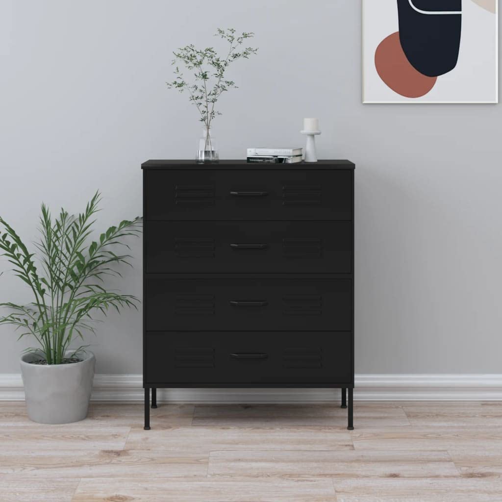 vidaXL Sturdy Steel Chest of Drawers with Adjustable Height Levellers, Full Extension Drawers, Ball-Bearing Runners - Black