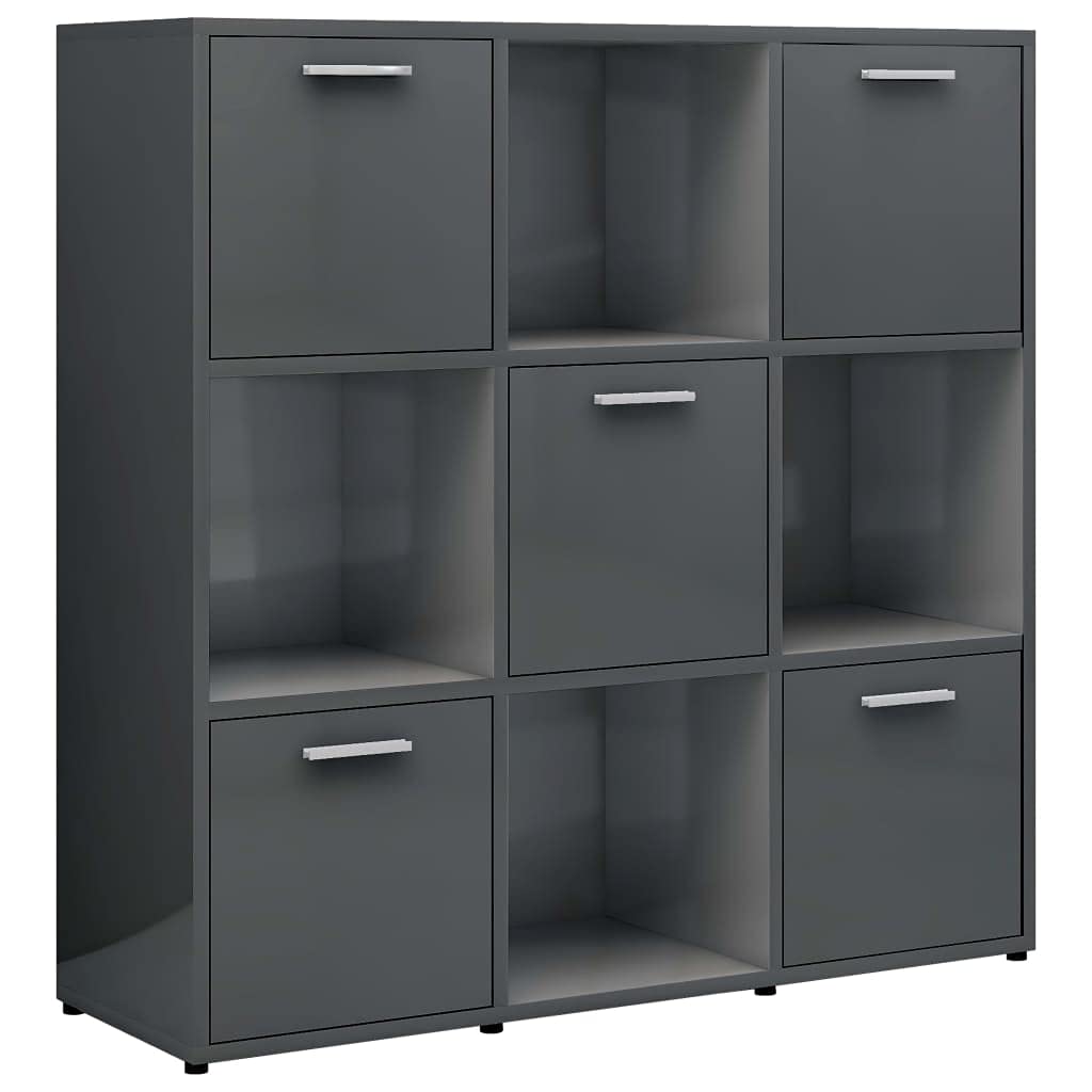 vidaXL - Modern High Gloss Gray Book Cabinet, Engineered Wood, 35.4&quot;x11.8&quot;x35.4&quot; with 9 Compartments, 5 with Doors, Chic Design, Sturdy and Durable