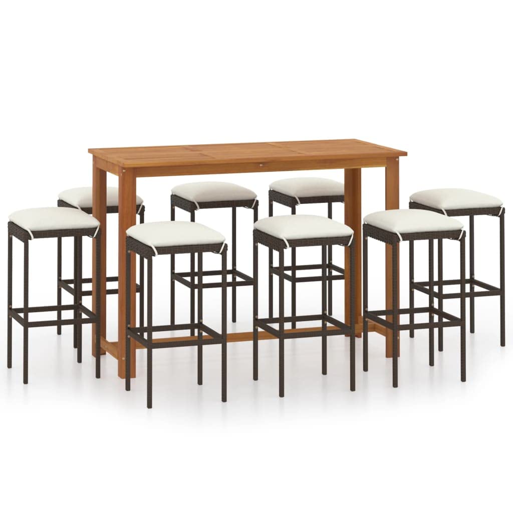 vidaXL 9-Piece Farmhouse-Styled Patio Bar Set - Brown PE Rattan Stools with Cushions, Solid Acacia Wood Table with Oil Finish - Ideal for Garden, Patio, Terrace