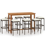 vidaXL 9-Piece Farmhouse-Styled Patio Bar Set - Brown PE Rattan Stools with Cushions, Solid Acacia Wood Table with Oil Finish - Ideal for Garden, Patio, Terrace