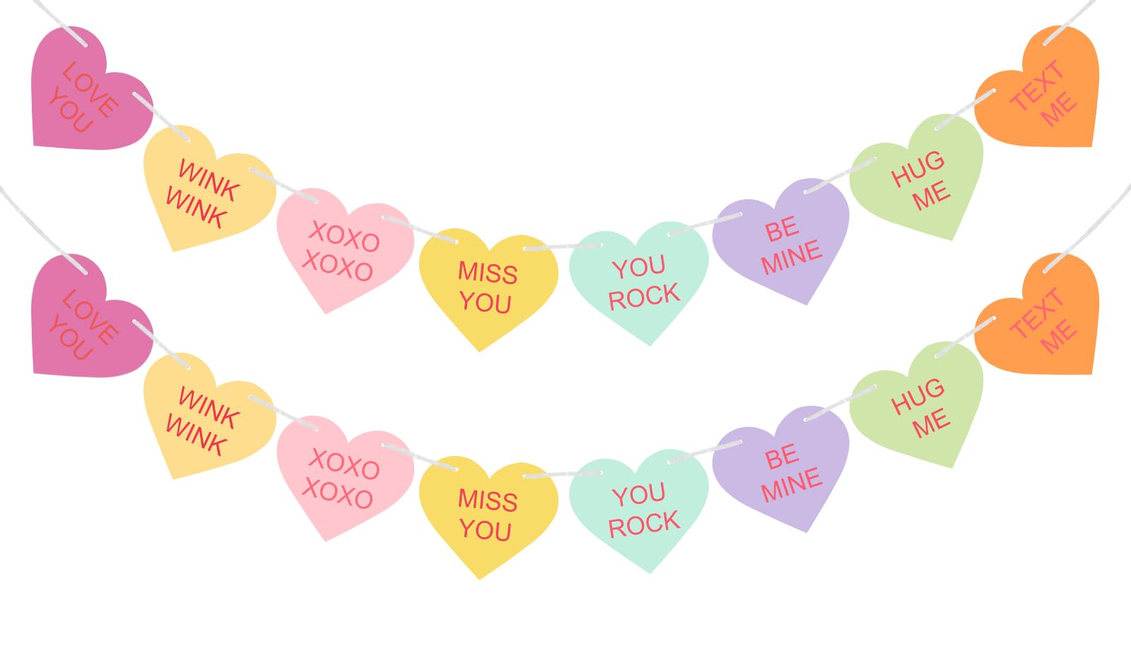 Valentines Conversation Hearts Candy Banner No DIY Valentines Day Heart Garland with 16Pcs Heart, 2Pack Pre-Strung Valentines Ga