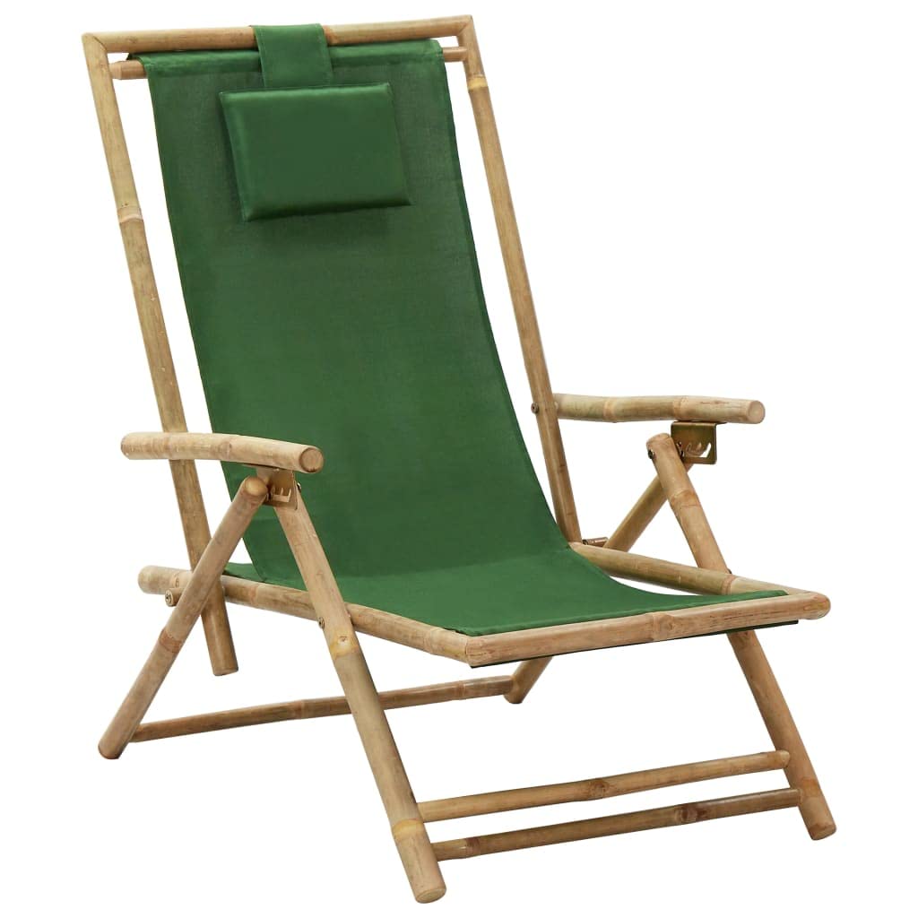 vidaXL Modern Relaxing Chair with Adjustable Backrest and Pillow, Crafted from Green Bamboo and Fabric, Foldable for Easy Storage and Transportation