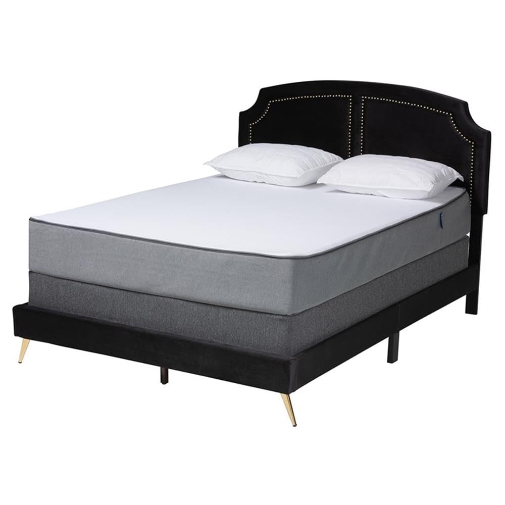 Baxton Studio Oxley Black Velvet and Gold Metal Queen Size Panel Bed