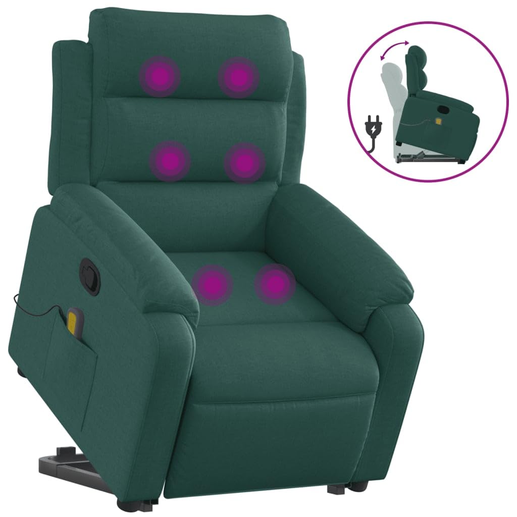 vidaXL Dark Green Stand-Up Power Lift Recliner - Fabric Massage Armchair with Manual Tilt for Comfortable Seating, Living Room D
