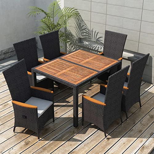 7 Piece Patio Dining Set Poly Rattan Acacia Wood Black