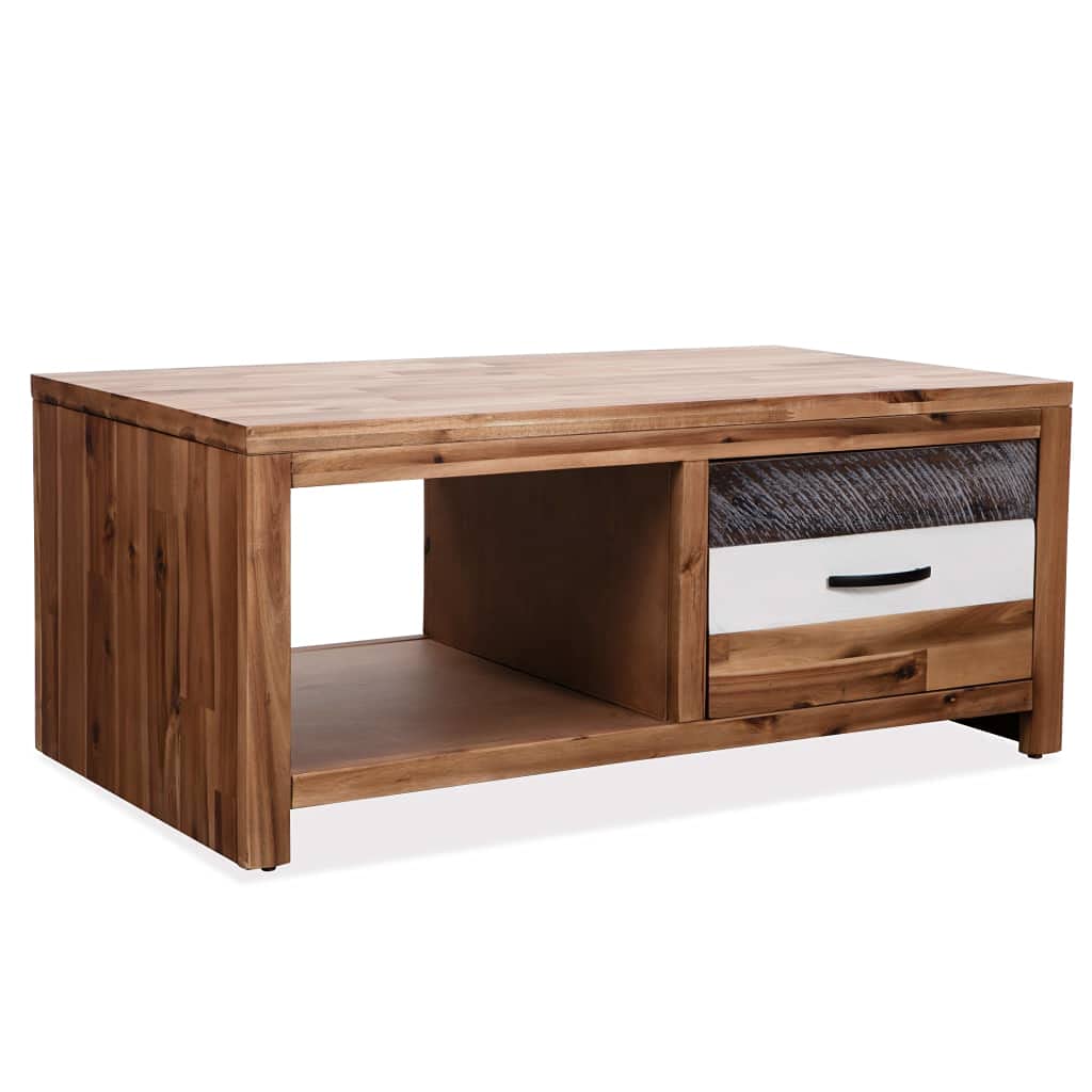 vidaXL Solid Acacia Wood Coffee Table - Practical and Stylish Living Room Furniture with Robust Construction, Ample Storage, and Unique Black and White Drawer Front