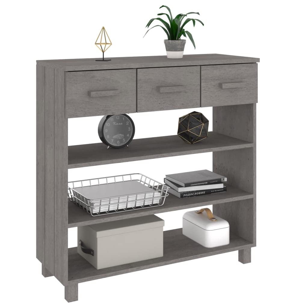 vidaXL Solid Pinewood Console Table HAMAR with Shelves and Drawers, Light Gray - Ideal for Living Room and Hallway