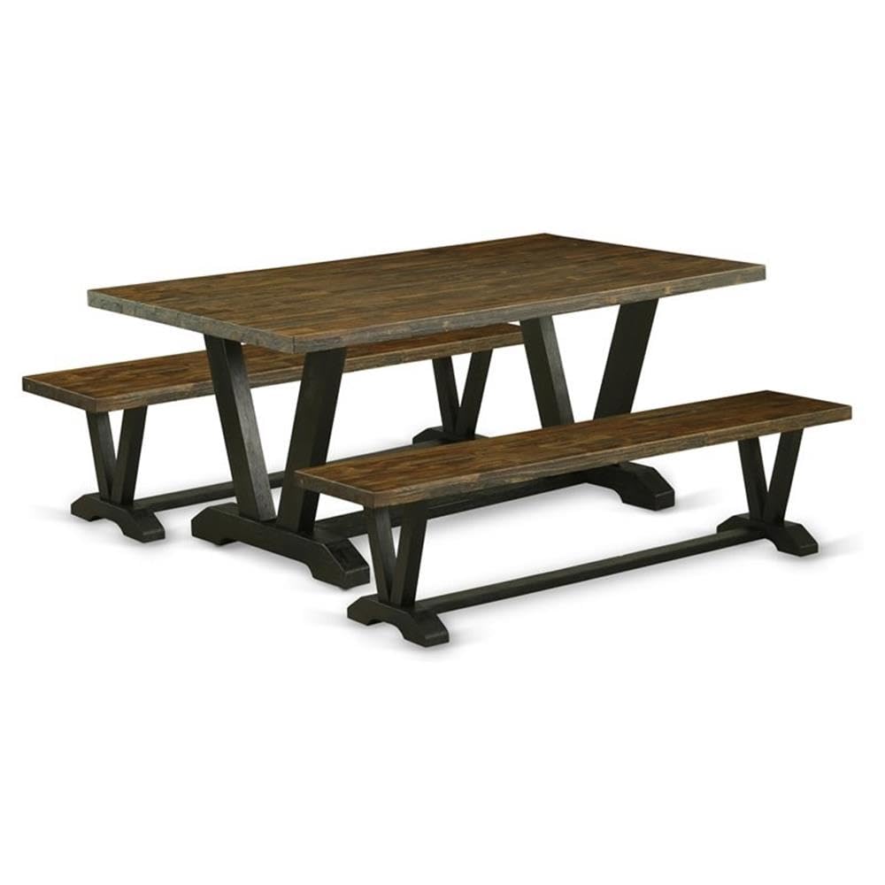 East West Furniture V2-677 3 Piece Dining Set Contains a Rectangle Dining Room Table with V-Legs and 2 Kitchen Table Bench, 40x72 Inch, Multi-Color
