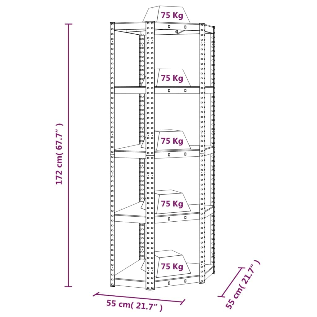 Vidaxl Corner Shelf Unit, 5-Layer Storage Solution, Durable Silver Galvanized Steel And Engineered Wood, Versatile Industrial Style, For Home Or Office