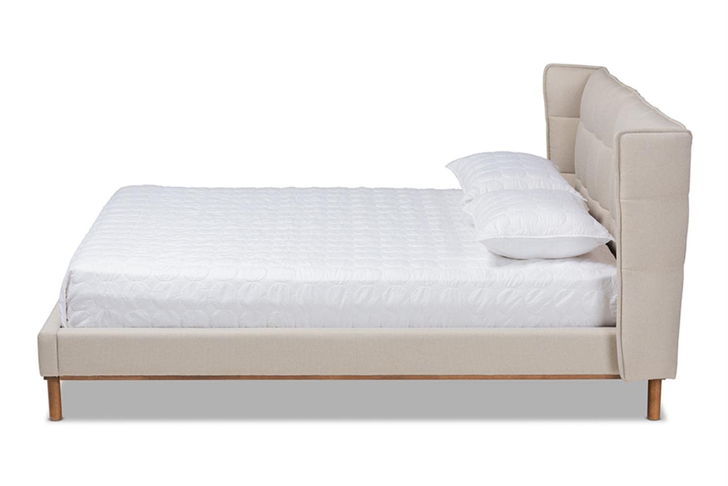 Baxton Studio Gretchen Modern and Contemporary Light Beige Fabric Upholstered and Walnut Brown Finished Wood Queen Size Platform Wingback Bed