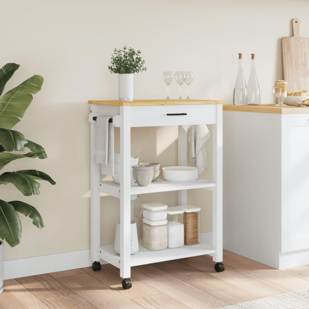 vidaXL Pine Wood Kitchen Trolley - White/Honey Wax Rolling Cart with Drawer, Shelves, and Wheels for Storage and Mobility