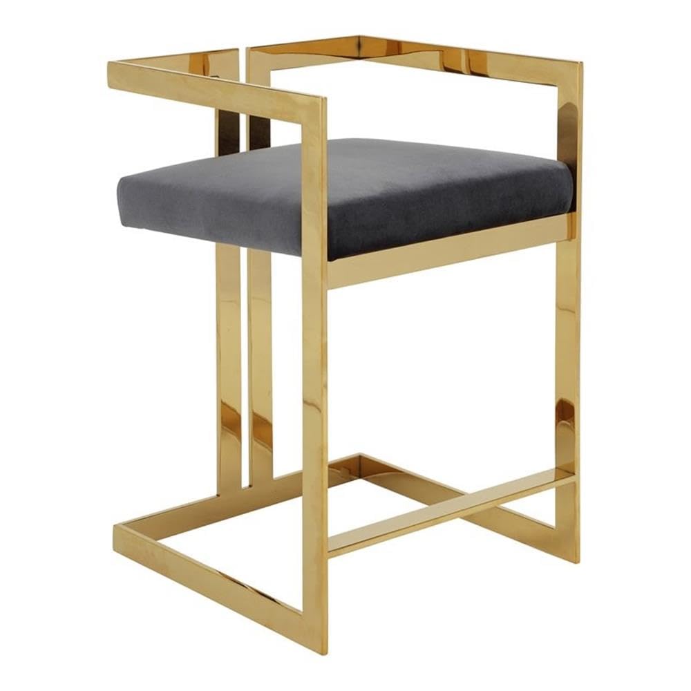 Pangea Home Kenzie 23.6&quot; Velvet/Steel Counter Stool In Gray/Gold