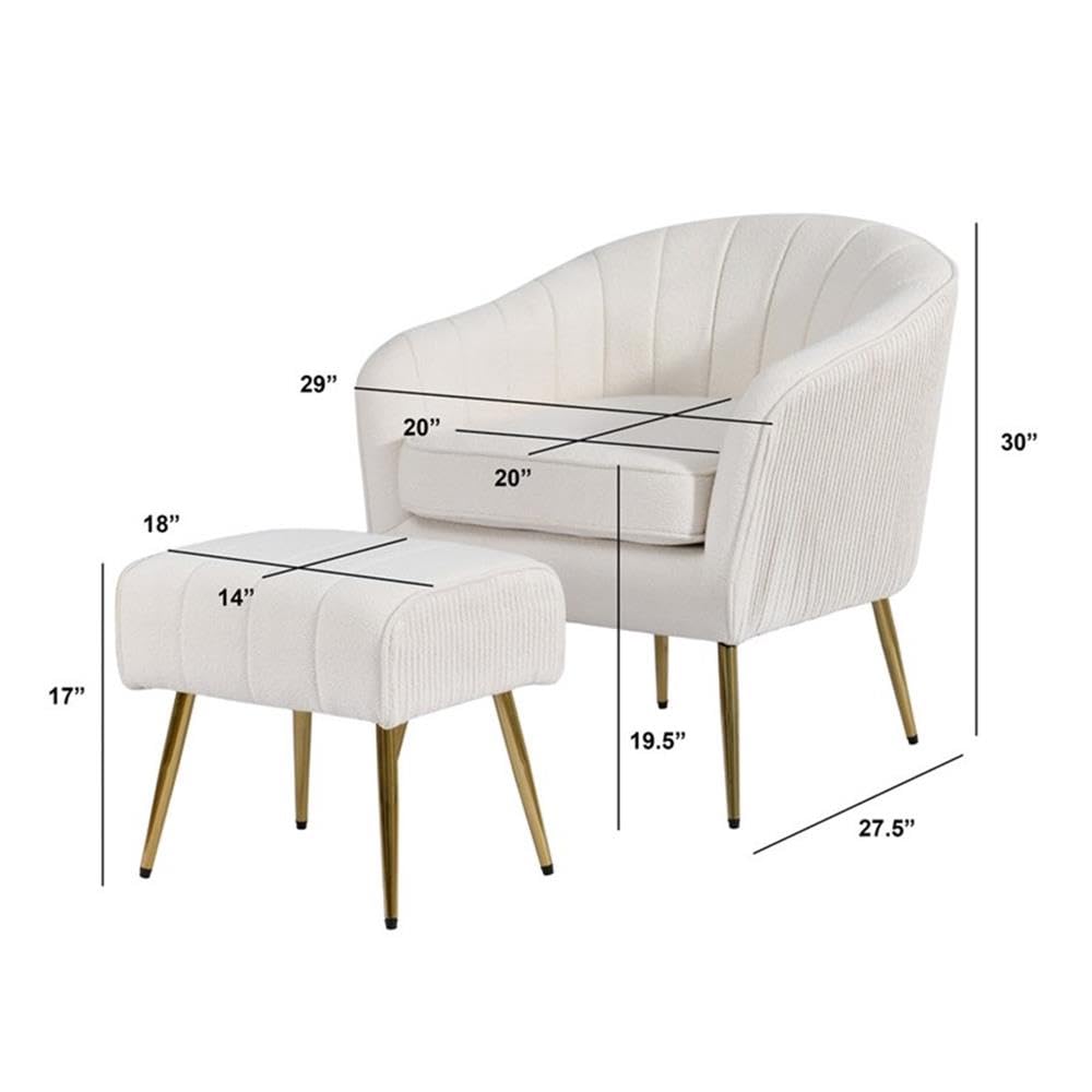 Best Quality Furniture Modern Accent Chair with Ottoman Set, Beige Teddy Fabric Upholstery, Gold Chrome Legs, Channel Tufted Backrest