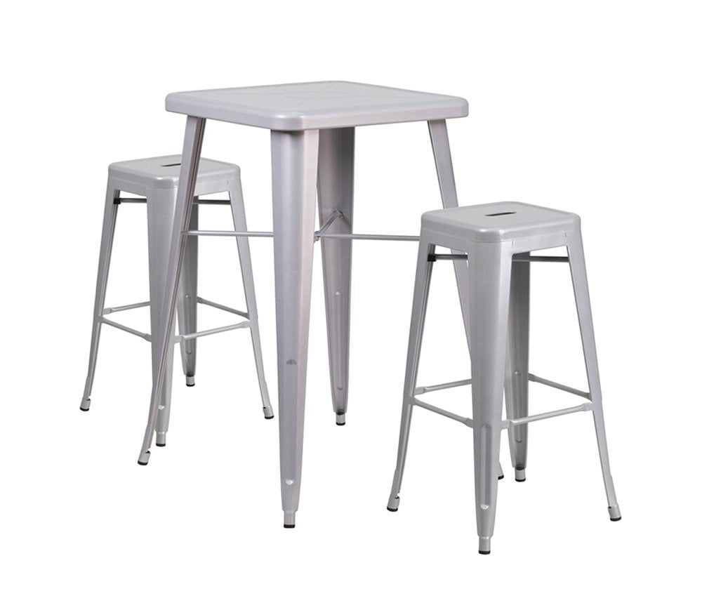 Flash Furniture Stone Commercial Grade 23.75" Square Silver Metal Indoor-Outdoor Bar Table Set with 2 Square Seat Backless Stools
