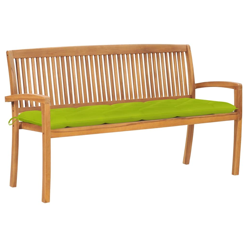 vidaXL Solid Teak Wood Stacking Patio Bench Garden Outdoor Terrance Park Hallway Furniture Wooden Bench Chair Seating with Bright Green Cushion
