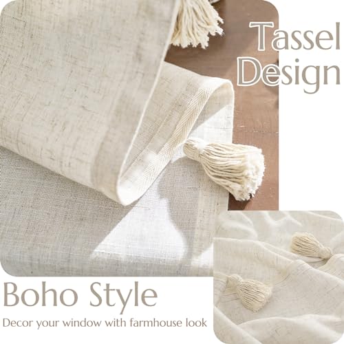 Jinchan Linen Curtains With Tassels Curtains For Living Room 63 Inch Length Boho Curtains Rod Pocket Back Tab Pom Poms Linen Farmhouse Bedroom Curtains Semi Sheer 2 Panels Ecru Window Curtain Set