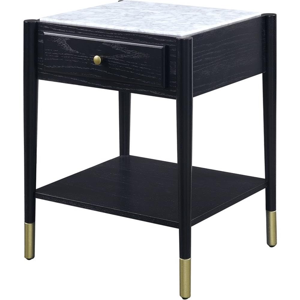 Acme Atalia 1-Drawer Marble Top End Table with Bottom Shelf in Black