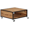vidaXL Industrial Style Coffee Table, Square Solid Acacia Wood with Compartment, Polished and Lacquered Brown, 27.6"x27.6"x12.6", with 4 Casters