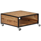 vidaXL Industrial Style Coffee Table, Square Solid Acacia Wood with Compartment, Polished and Lacquered Brown, 27.6"x27.6"x12.6", with 4 Casters