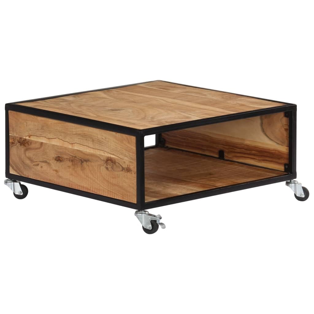 vidaXL Industrial Style Coffee Table, Square Solid Acacia Wood with Compartment, Polished and Lacquered Brown, 27.6"x27.6"x12.6", with 4 Casters