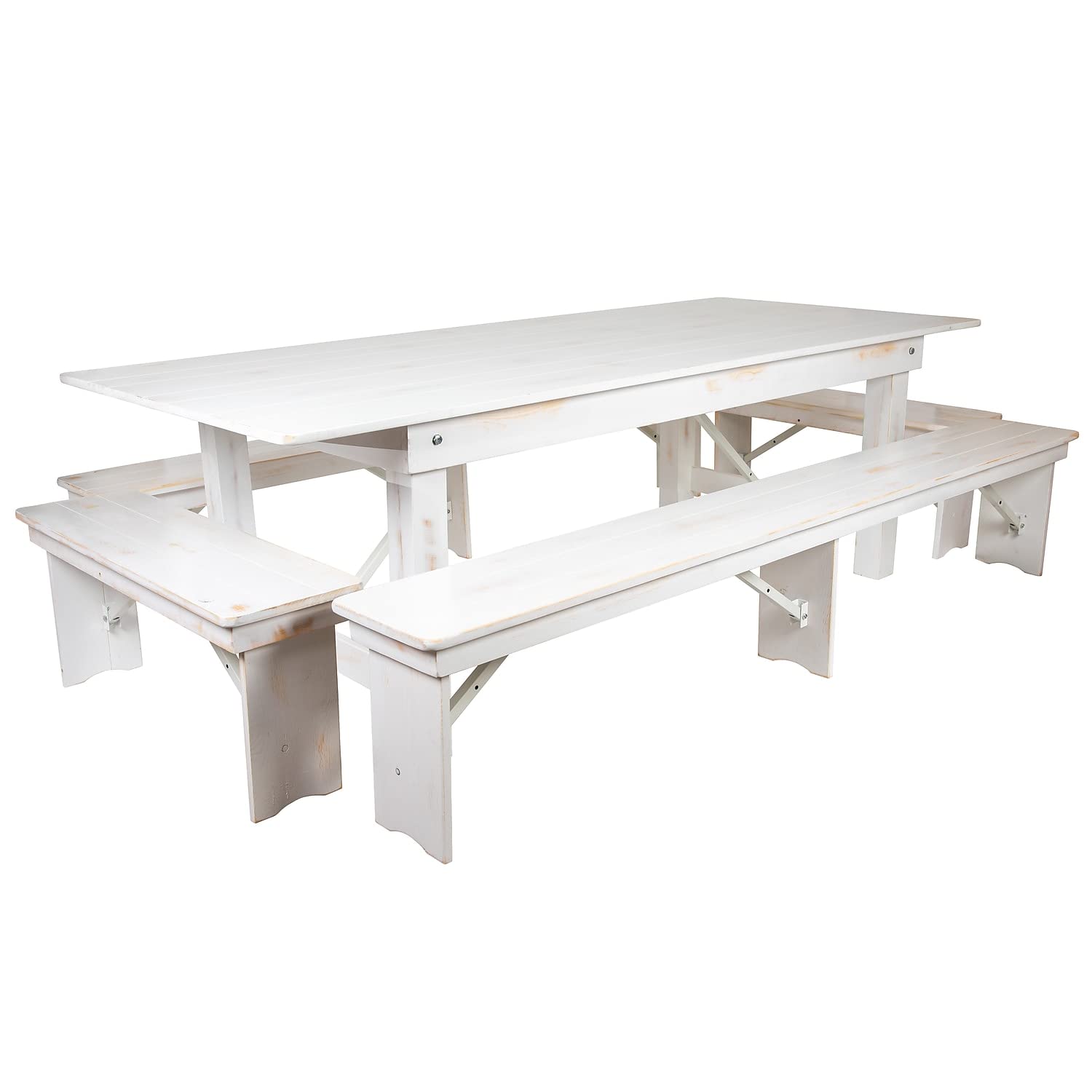Flash Furniture HERCULES Series 8 x 40 Antique Rustic White Folding Farm Table and Four Bench Set