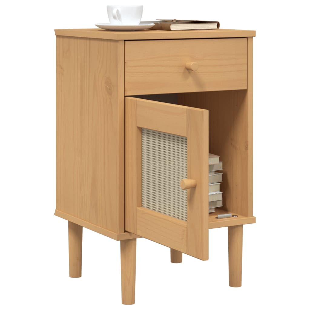 vidaXL SENJA Bedside Cabinet with Rattan Look Surface, Solid Pine Wood and UV Varnish Finish in Brown, Featuring Drawer and Door Compartment for Storage