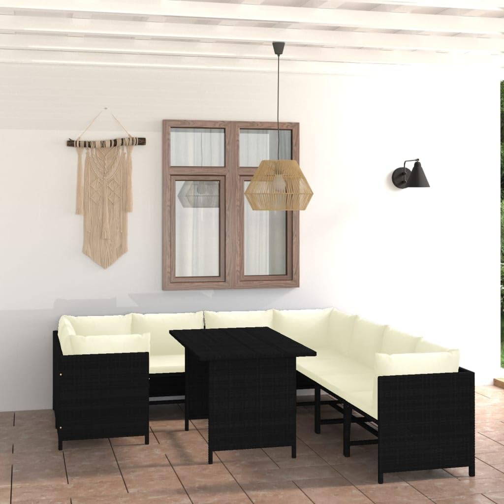 vidaXL Patio Lounge Set 9 Piece, Sectional Sofa for Outdoor, Patio Furniture with Cushions, Coffee Table, Farmhouse Modern Style, Poly Rattan Black