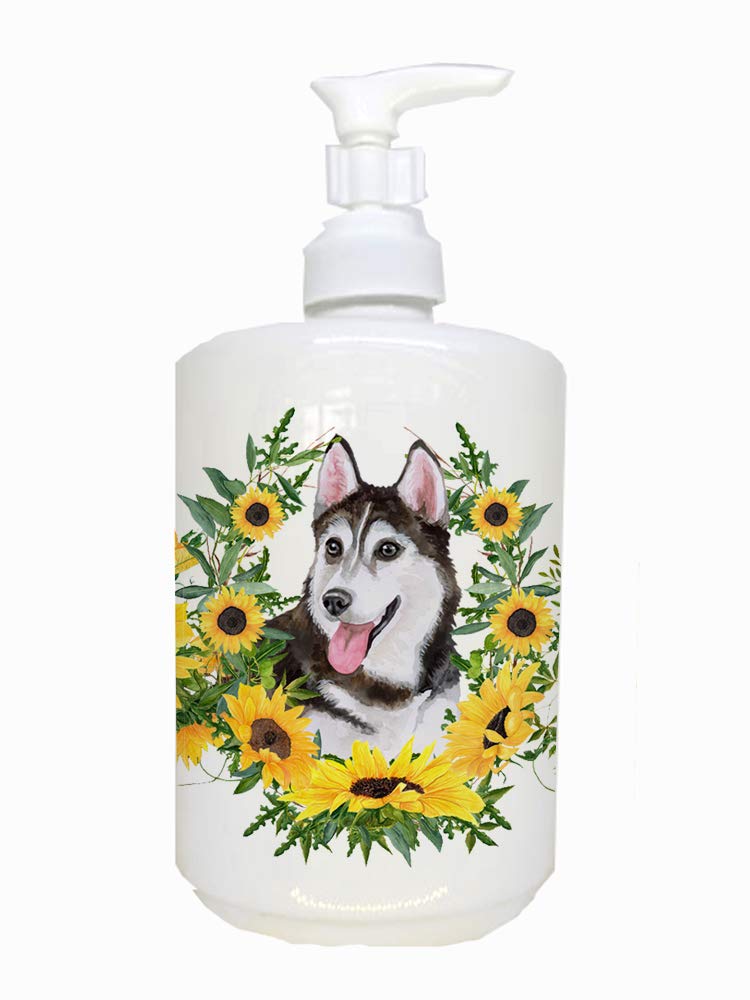 Caroline's Treasures CK2904SOAP Siberian Husky #2 in Sunflowers Ceramic Soap Dispenser Hand Soap Dispenser Pump Bottles for Bath
