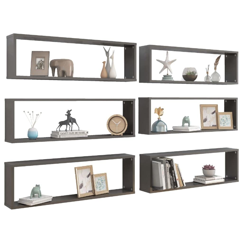 vidaXL Wall Cube Shelves 6 pcs High Gloss Gray 39.4"x5.9"x11.8" Engineered Wood