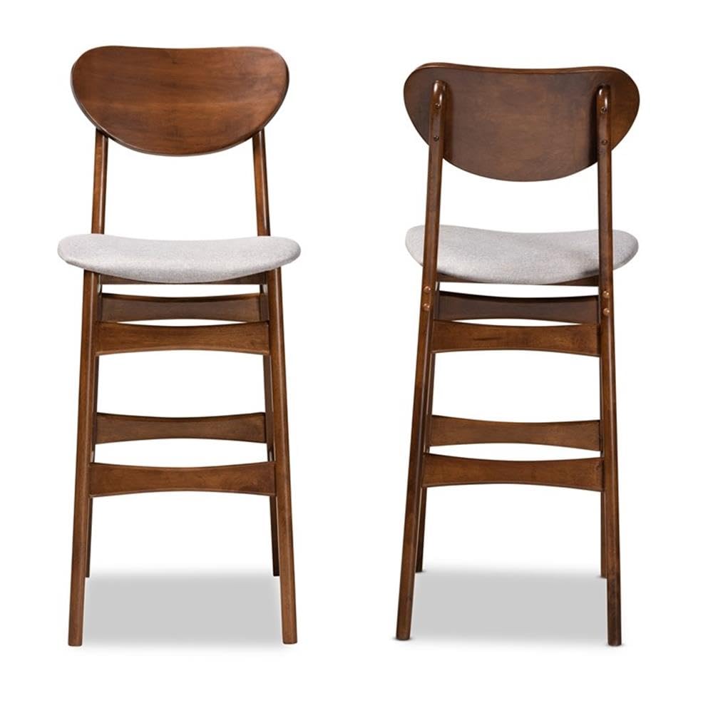 Baxton Studio Katya Mid-Century Modern Grey Fabric Upholstered and Walnut Brown Finished Wood 2-Piece Bar Stool Set