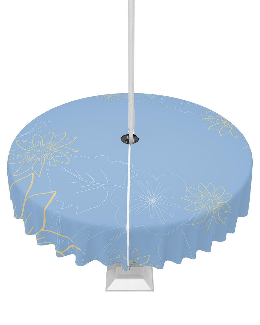 Queenker Outdoor Tablecloth With Umbrella Hole, Minimalist Lines Leaves Flowers Blue Round Tables Waterproof Tabletop Collection