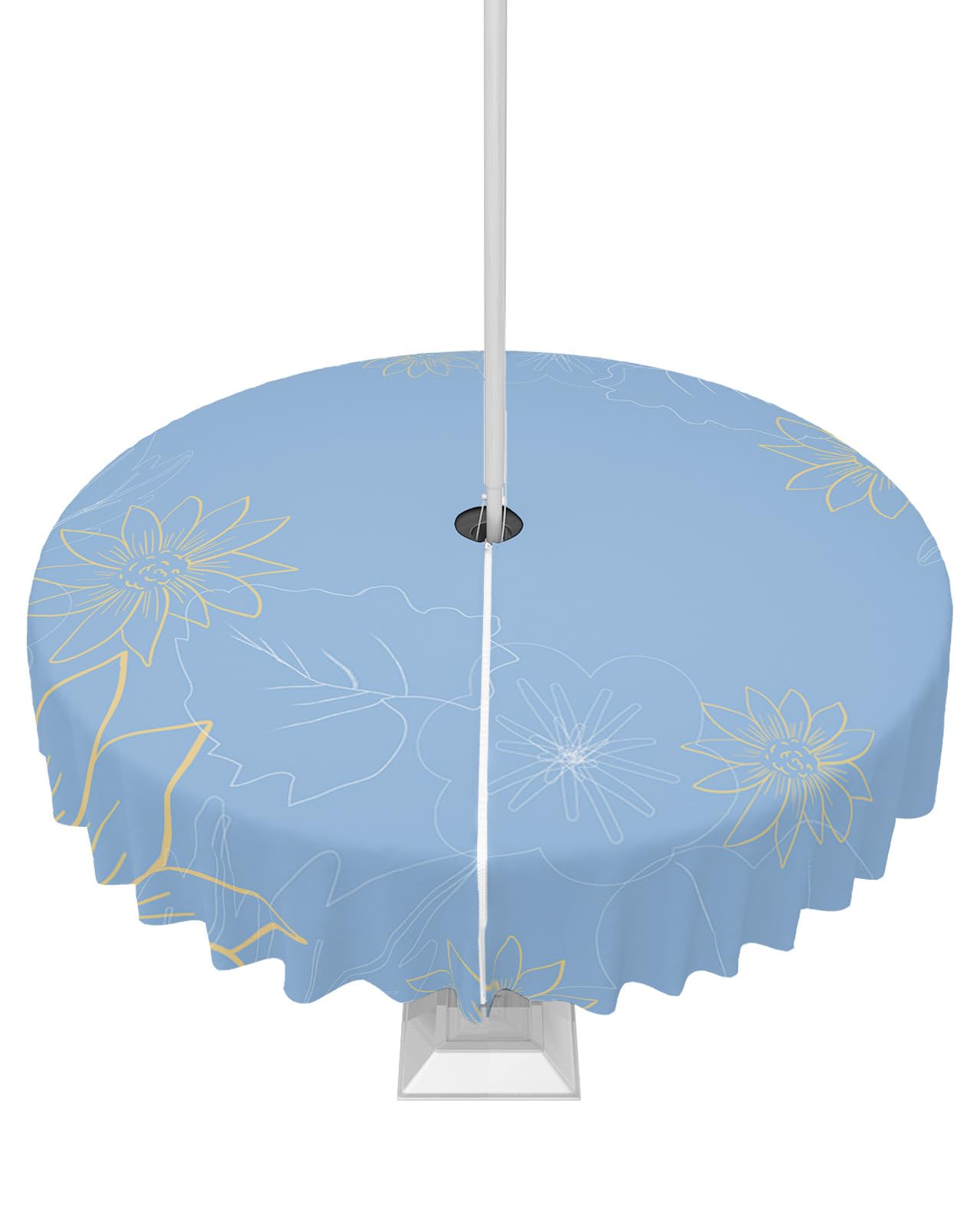 Queenker Outdoor Tablecloth With Umbrella Hole, Minimalist Lines Leaves Flowers Blue Round Tables Waterproof Tabletop Collection