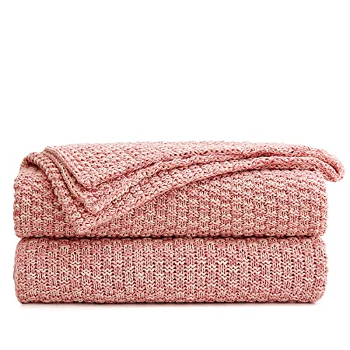 Longhui Bedding Dusty Pink Knitted Throw Blanket For Couch, Soft, Cozy Machine Washable 100% Cotton Sofa Knit Blankets, Heavy 2.