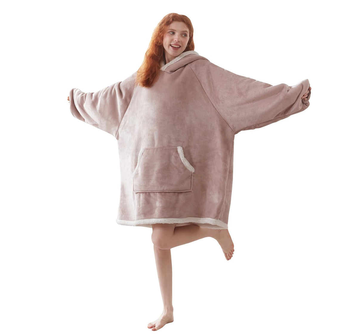 Coova Wearable Blanket Hoodie, Oversized Flannel&Sherpa Hooded For Women And Men, Cozy Sweatshirt With Giant Pocket, Taupe