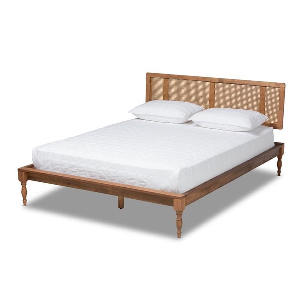 Baxton Studio Romy Vintage French Inspired Ash Wanut Finished Wood and Synthetic Rattan King Size Platform Bed
