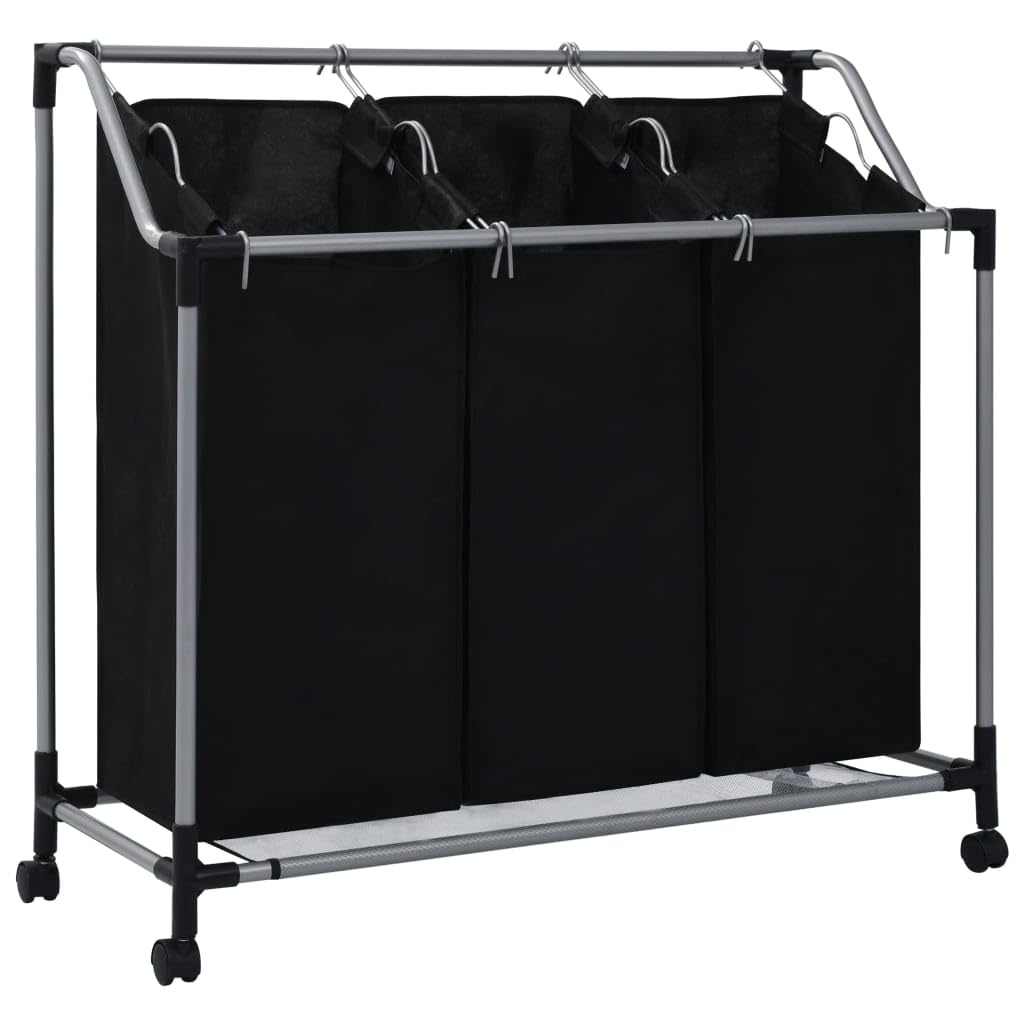 vidaXL Black Steel Laundry Sorter with 3 Bags - User-Friendly, Mobile, and Durable Clothes Organizer for Laundry Rooms, Utility Rooms, and Closets