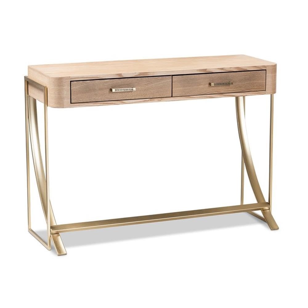 Baxton Studio Lafoy Modern and Contemporary Natural Brown Finished Wood and Gold Finished 2-Drawer Console Table