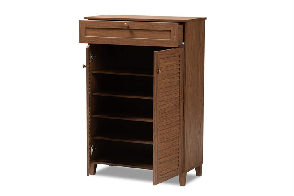 Baxton Studio Coolidge Modern and Contemporary Walnut Finished 5-Shelf Wood Shoe Storage Cabinet with Drawer