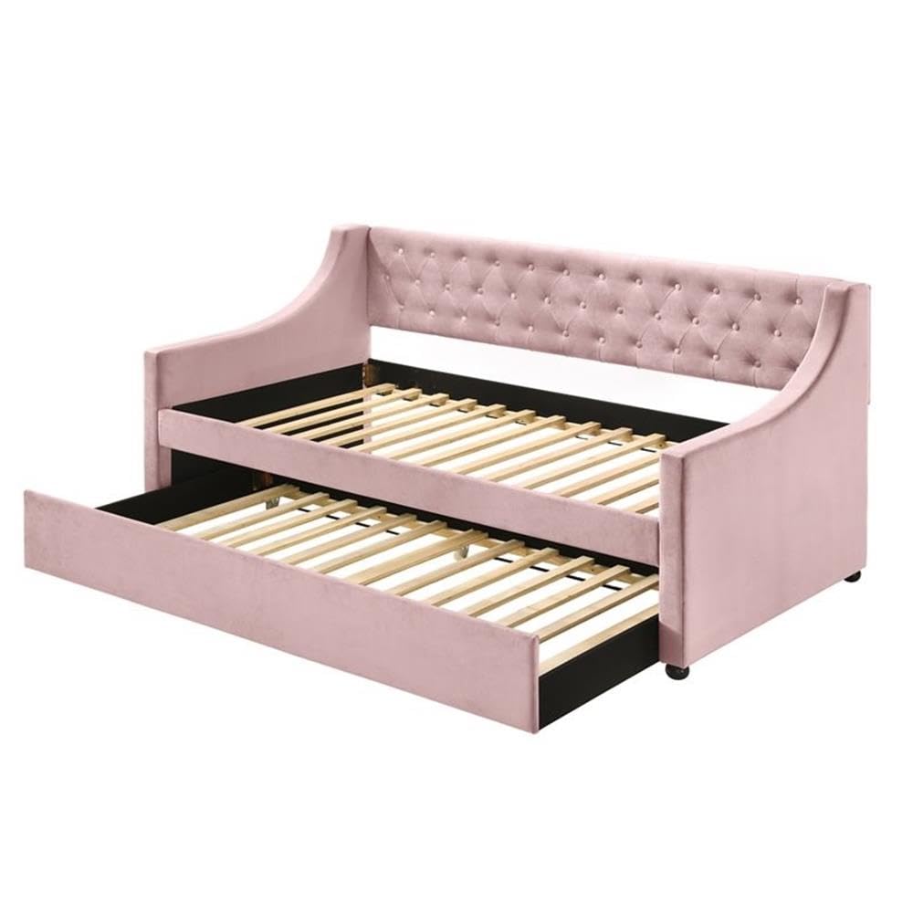 Acme Lianna Button Tufted Velvet Upholstered Twin Daybed and Trundle in Pink
