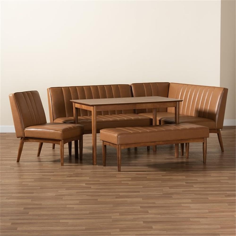 Baxton Studio Daymond Mid-Century Modern Tan Faux Leather Upholstered and Walnut Brown Finished Wood 5-Piece Dining Nook Set