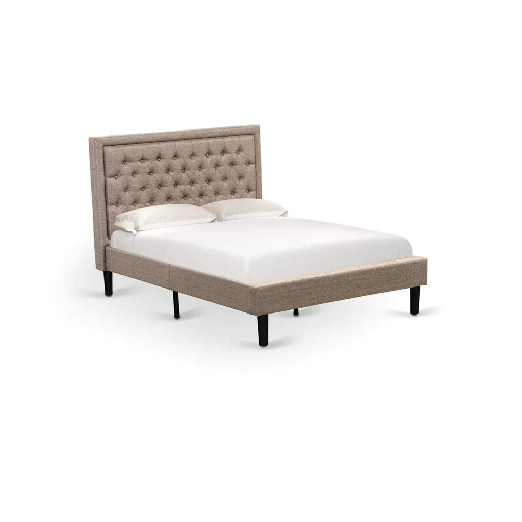 East West Furniture KDF-16-F Platform Full Size Bed - Dark Khaki Linen Fabric Upholstered Bed Headboard with Button Tufted Trim Design - Black Legs