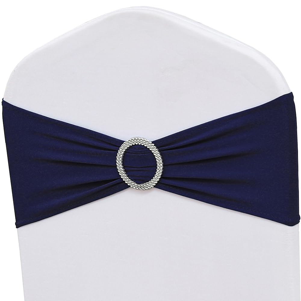 Zsjfmf 50Pcs Spandex Navy Blue Chair Sashes For Wedding Stretch Chair Bands With Buckles Universal Elastic Chair Ties Bows For P