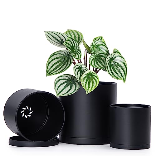 4 Inch 5 Inch 6 Inch, Set Of 3 Plastic Planter Pots For Plants With Drainage Hole And Seamless Saucers, Black Color, Small, 74-E
