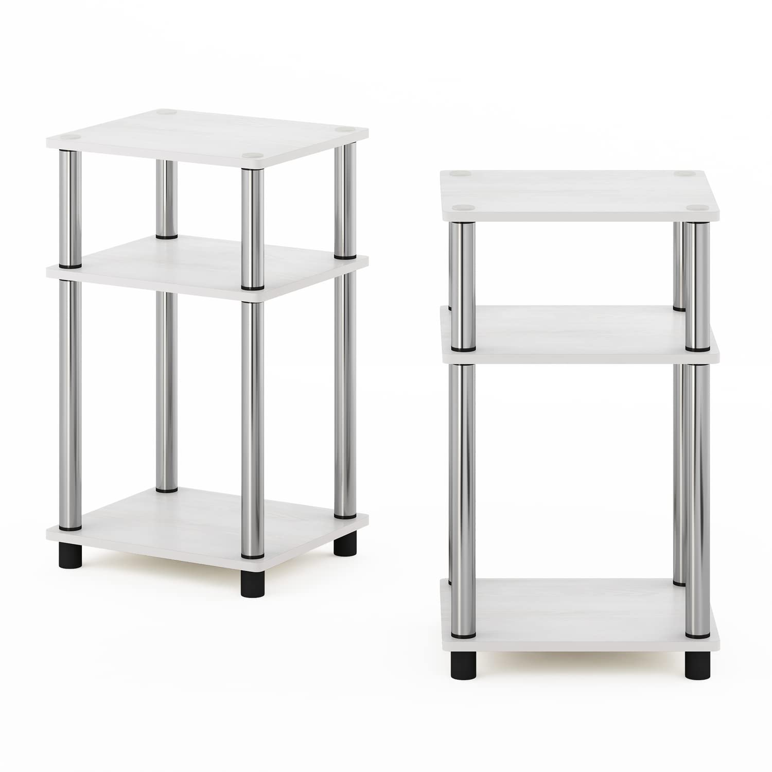 Furinno Simplistic End Side Night Stand/Bedside Table with Stainless Steel Tubes, 2-Pack, 2-Tier Poles, White Oak/Chrome