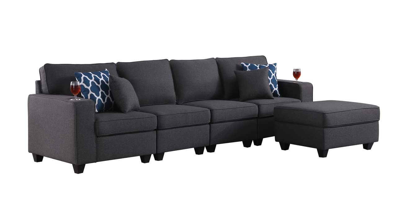 Lilola Home Cooper Dark Gray Linen 4-Seater Sofa with Ottoman and Cupholder