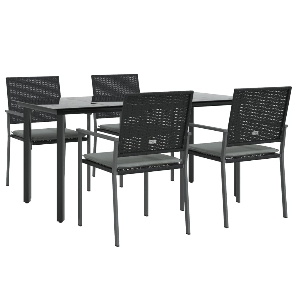 vidaXL Outdoor Patio Dining Set 5-Piece with Cushions - Weather-Resistant Poly Rattan and Sturdy Steel Frames, Black Dining Chairs, Glass-Top Table