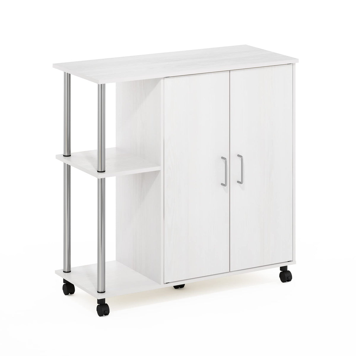 Furinno Helena Utility Kitchen Island And Storage Cart On Wheels, 3-Tier, Stainless Steel Tubes, White Oak/Chrome