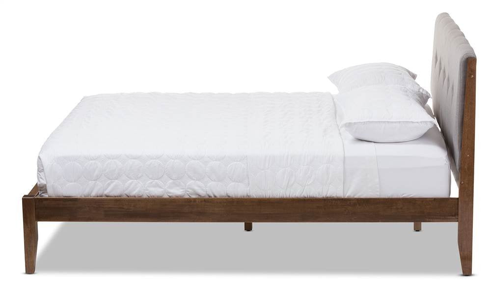 Baxton Studio Leyton Mid-Century Light Grey Fabric and Medium Brown Finish Wood King Size Platform Bed