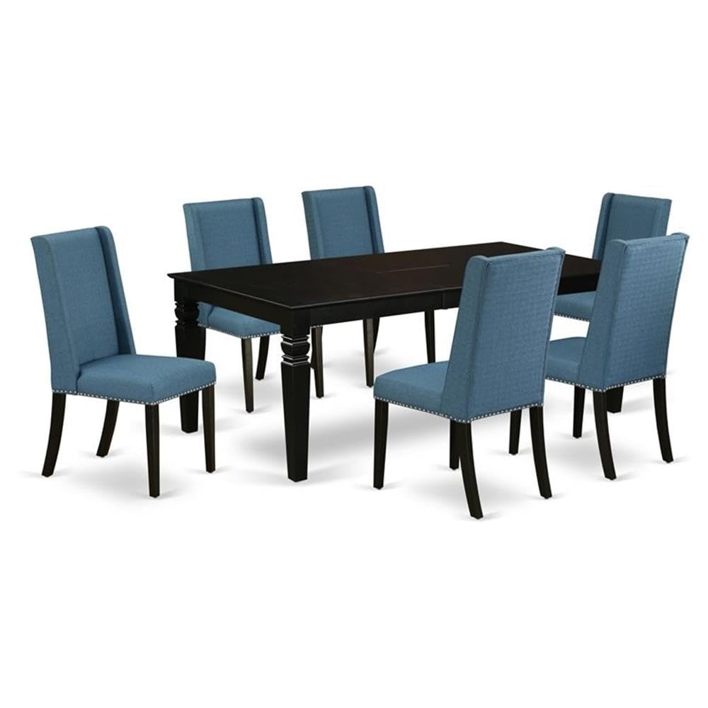 East West Furniture Lgfl7-Blk-21 7 Piece Dining Table Set Consist Of A Rectangle Dining Room Table With Butterfly Leaf And 6 Blue Linen Fabric Parsons Chairs, 42X84 Inch, Black